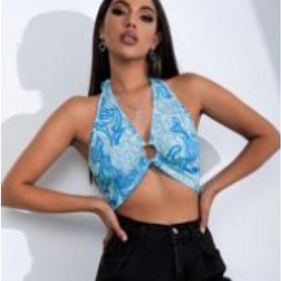 70s Blue & White Halter Top - Picture 1 of 3